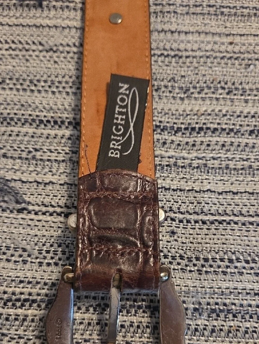Womens Brighton Brown Croc-Accent Leather Belt with Silver Hardware